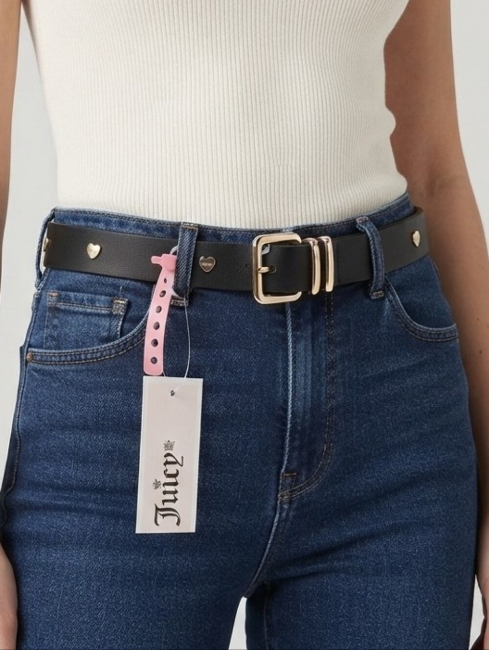 Juicy Couture Black Faux Leather Belt with Gold Heart Studs & Hardware Size S/M